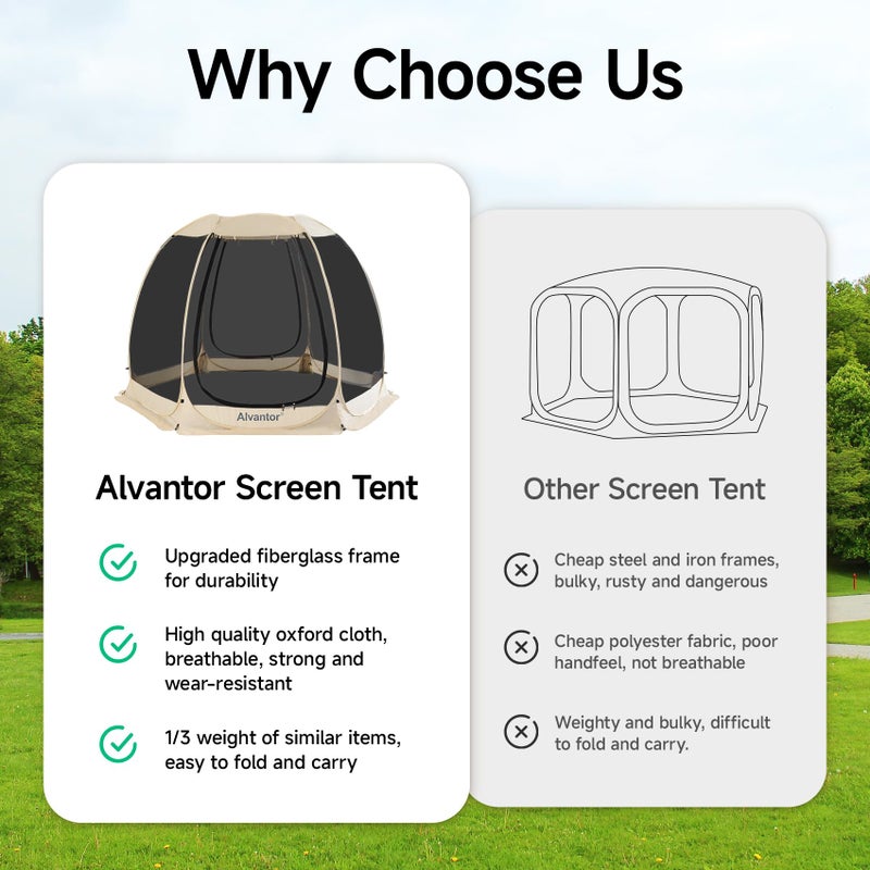 AlvantorÂ® Screen House Room Camping Tent Outdoor Canopy Pop Up Sun Shade Hexagon Shelter Mesh Walls Not Waterproof 10'x10' Beige Patent Pending - Image 2